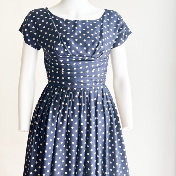 Vintage Silk Navy Blue White Polka Dot Short Sleeve Dress XS - Picture 4 of 8